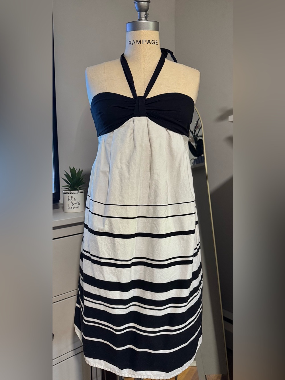 Charlotte‎ Russe Y2K Halter Bow Dress Size Medium Black White Stripe Cotton